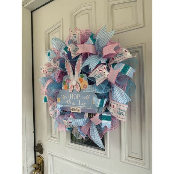 Handcrafted "Hop On In" Bunny Wreath - Easter/Spring Decor, Pastel Colors - Picture 8 of 9